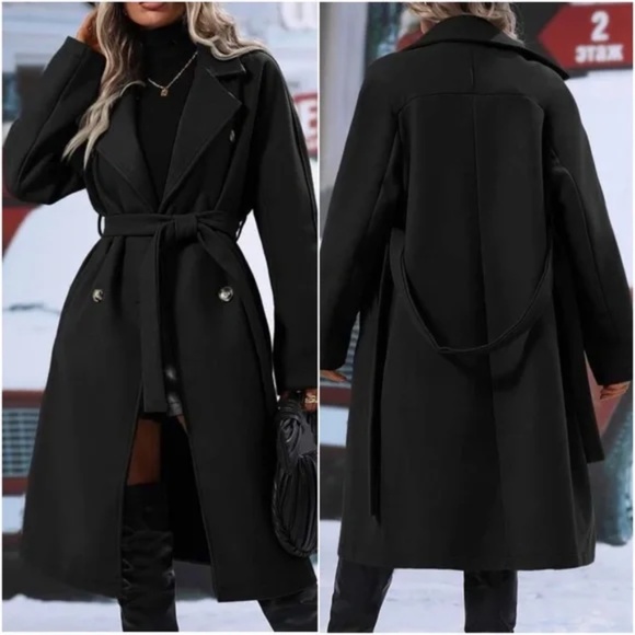 Solid Wide Collar Pockets Belted Minimalist Jacket Coat - Picture 3 of 9